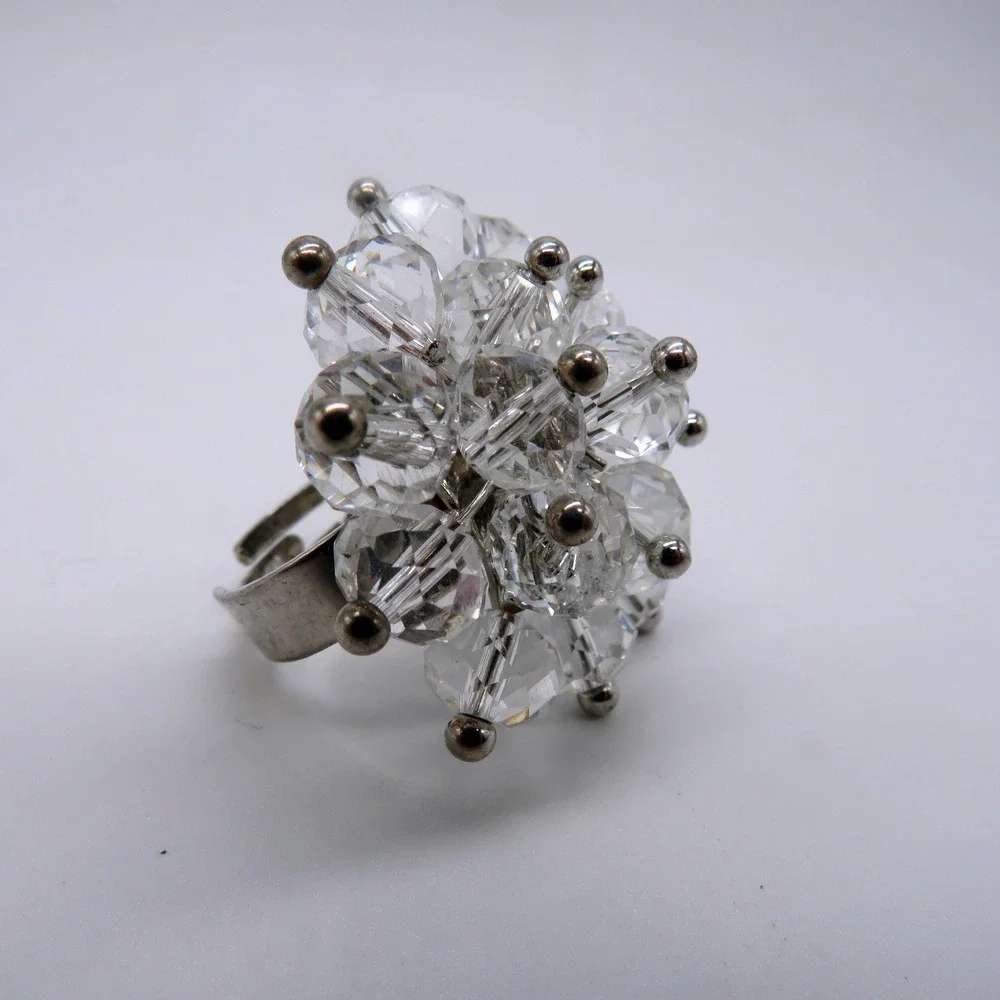 Vintage Style Clear Crystal Bead Cluster Cocktail Ring Silver Tone Size 6 Adj